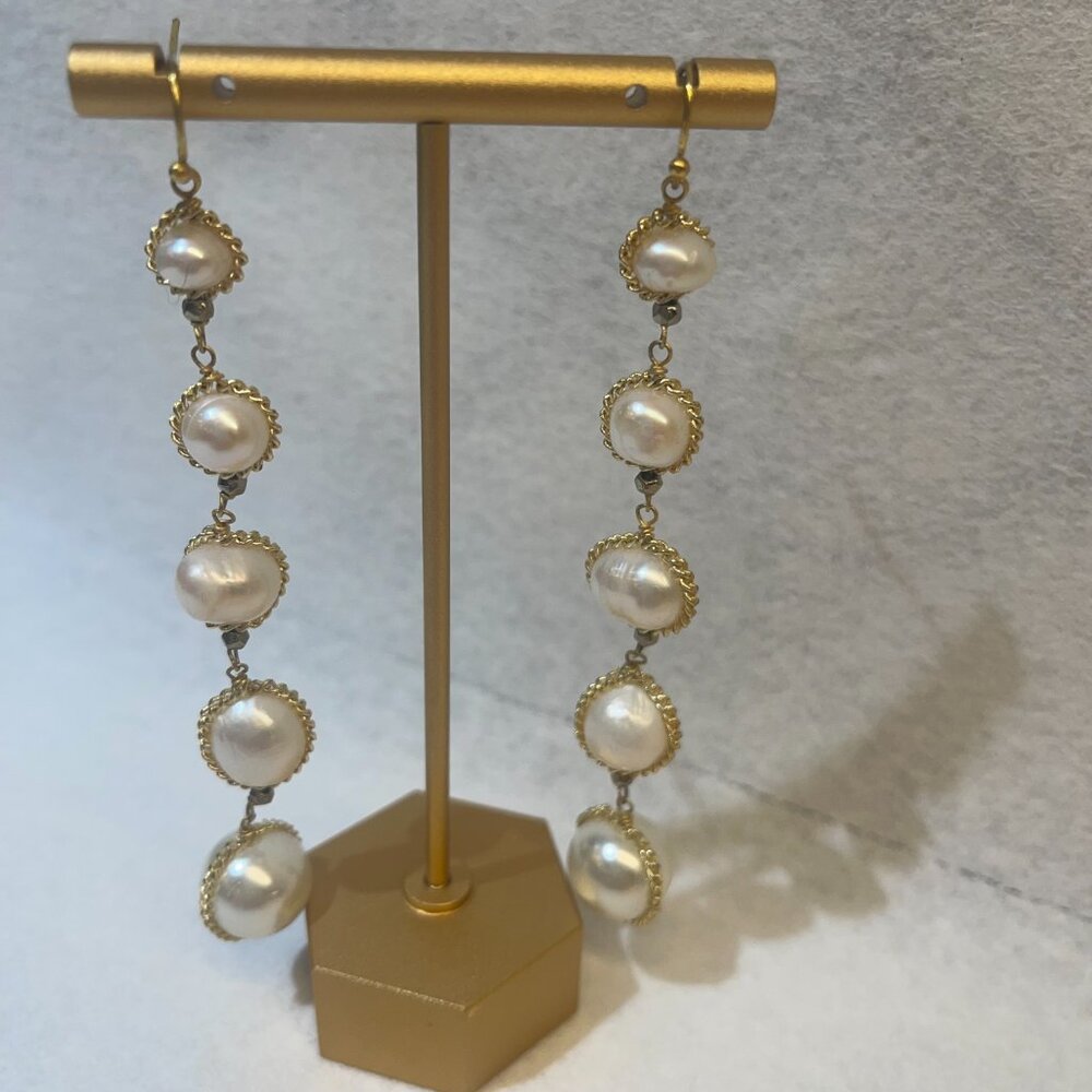 Faux Freshwater Pearl Drop Earrings – Gold Tone - Picture 3 of 5